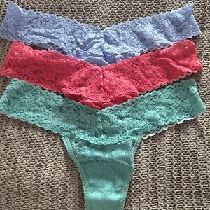 Hanky Panky Lace Thong Trio in Blue, Pink, and Green Low Rise